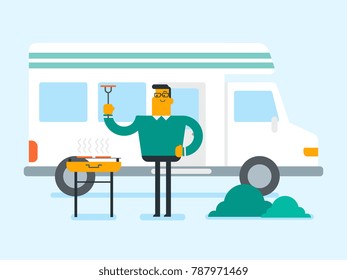Joven hombre blanco caucásico preparando carne a la parrilla sobre el fondo de la camioneta de camper. Hombre viajando en camioneta de camper y asando carne al aire libre. Ilustración de dibujos animados. Diseño cuadrado.