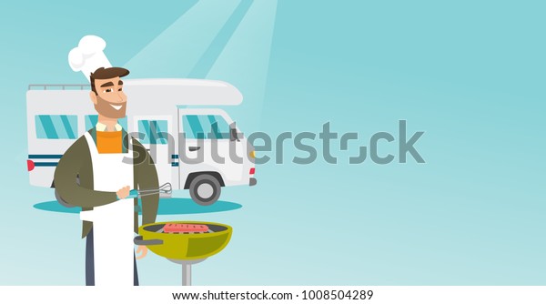 Young caucasian white man preparing meat on grill\
on the background of camper van. Man travelling by camper van and\
barbecuing meat outdoors. Vector cartoon illustration. Horizontal\
layout.