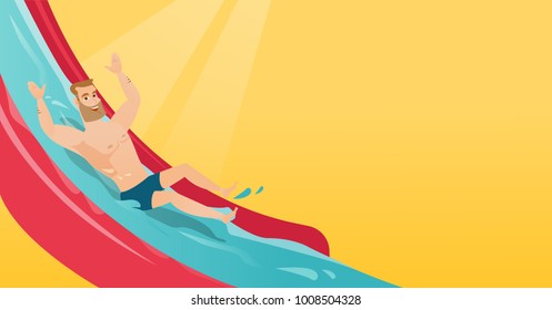Young caucasian white man riding down a waterslide in aquapark. Man having fun on a water slide in waterpark. Cheerful man going down a water slide. Vector cartoon illustration. Horizontal layout.