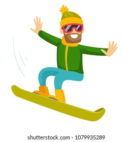 Young caucasian white man riding a snowboard. Hipster snowboarder snowboarding. Concept of sport and physical activity. Vector cartoon illustration isolated on white background. Square layout.