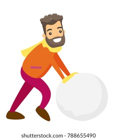 Young caucasian white man rolling giant snowball to make snowman. Concept of outdoor winter leisure activity. Vector cartoon illustration isolated on white background.