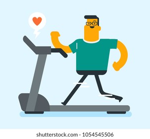 Young caucasian white man running on treadmill. Sporty man exercising on treadmill. Healthy lifestyle, work out and sport concept. Vector cartoon illustration. Square layout.