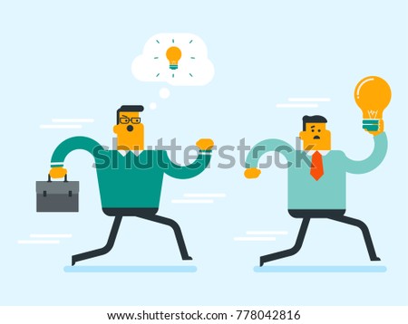 Young caucasian white man running away with stolen idea from businessman. Thief stealing idea from businessman. Concept of stolen ideas, copyright and infringement. Vector cartoon illustration.