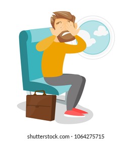 Young caucasian white man shocked by plane flight in the turbulent area. Frightened airplane passenger sitting in airplane seat and suffering from phobia. Vector cartoon illustration. Square layout.