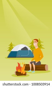 Young caucasian white man sitting on a log near campfire on the background of camping site with tent. Travelling man resting near campfire in the campsite. Vector cartoon illustration. Vertical layout