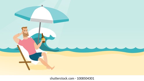 Young caucasian white man sitting on a chaise-longue on the beach. Happy smiling man relaxing on a chaise-longue and drinking beer. Vector cartoon illustration. Horizontal layout.