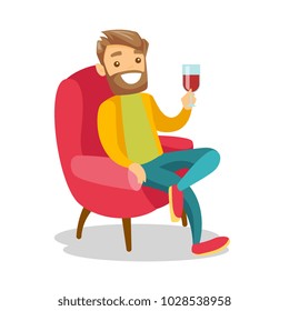 Young caucasian white man sitting in the chair with a glass of wine. Cheerful hipster man with beard drinking red wine. Vector cartoon illustration isolated on white background. Square layout.