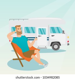 Young caucasian white man sitting in a folding chair and giving thumb up on the background of camper van. Smiling happy man enjoying vacation in camper van. Vector cartoon illustration. Square layout.