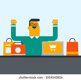 Young caucasian white man sitting at the table with raised hands among shopping bags and using a laptop computer for online shopping. Man buying purchases on internet. Vector cartoon illustration.