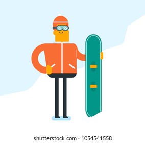 Young caucasian white man standing with a snowboard on the background of piste with snow in the mountains. Young snowboarder snowboarding in the mountains. Vector cartoon illustration. Square layout.