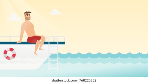 Young caucasian white man tanning on the front of the yacht. Happy man travelling by yacht. Man resting during summer trip on the yacht. Vector cartoon illustration. Horizontal layout.
