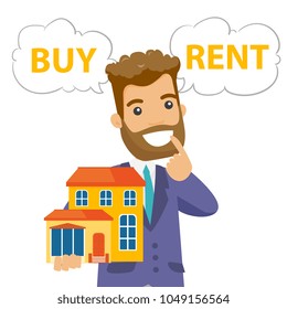 Young caucasian white man thinking buy or rent a house. Hipster businessman choosing between buying and renting a house. Buy or rent concept. Vector cartoon illustration isolated on white background.