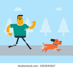 Young caucasian white man training with his dog in the park. Happy smiling man running with his small dog outdoors. Healthy lifestyle and sport concept. Vector cartoon illustration. Square layout.