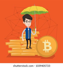 Young caucasian white man with umbrella protecting his golden bitcoin coins. Cryptocurrency cold wallet, insurance and safe storage of bitcoins concept. Vector cartoon illustration. Square layout.