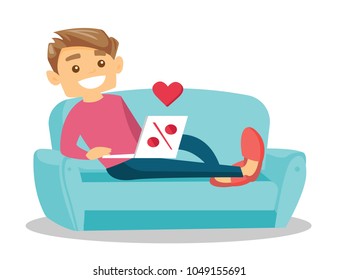 Young caucasian white man using laptop computer for online shopping. Smiling man lying on the couch and making online shopping order on sale. Vector cartoon illustration isolated on white background.