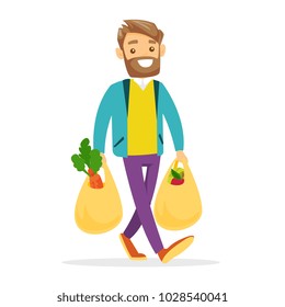 Young caucasian white man walking with plastic shopping bags with healthy vegetables and fruits. Concept of healthy nutrition. Vector cartoon illustration isolated on white background. Square layout.