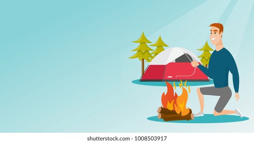 Young caucasian white man with a wooden stick in his hand sitting near the campfire and enjoying the atmosphere. Man making the campfire. Vector cartoon illustration. Horizontal layout.