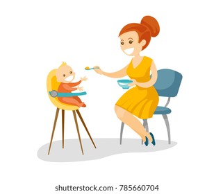 Young caucasian white mother feeding with a porridge her little baby sitting on kids chair. Mother feeding baby with a spoon. Vector cartoon illustration isolated on white background. Square layout.