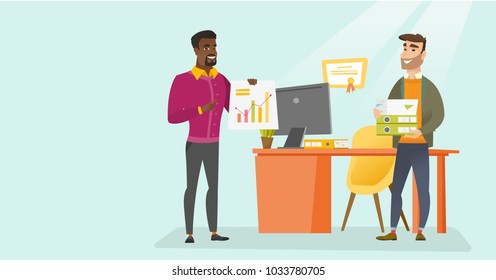 Young caucasian white office worker holding pile of folders on the background of workplace and his arican-american coworker showing document with financial chart in office. Vector cartoon illustration