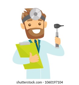 Young caucasian white otolaryngologist doctor holding clipboard. Audiologist doctor in medical gown with tools used for examination of ear, nose, throat. Vector cartoon illustration. Square layout.