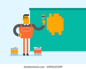 Young caucasian white painter in uniform painting a wall with a paint brush. Cheerful house painter standing near paint cans and wall for painting. Vector cartoon illustration. Square layout.