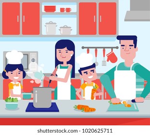 Young caucasian white parents with their son and daughter cooking together in kitchen at home. Couple with kids having fun while preparing vegetable meal. Vector cartoon illustration. Square layout.