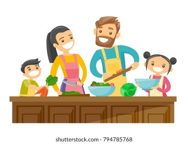 Young caucasian white parents with their son and daughter cooking together at home. Couple with kids having fun while preparing vegetable meal. Vector cartoon illustration isolated on white background