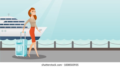 Young caucasian white passenger walking on the background of cruise liner. Happy passenger with a suitcase goes to a cruise liner along the station. Vector cartoon illustration. Horizontal layout.