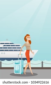 Young caucasian white passenger walking on the background of cruise liner. Smiling passenger with a suitcase goes to a cruise liner along the station. Vector cartoon illustration. Vertical layout.