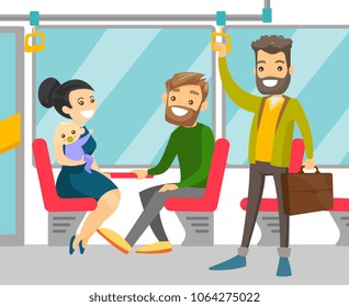 Young caucasian white people traveling by public transport. Cheerful passengers sitting and standing in commuter bus. Vector cartoon illustration isolated on white background. Square layout.