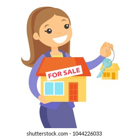 Young caucasian white real estate agent showing key to a new house for sale. Real estate agent holding house model in hands. Vector cartoon illustration isolated on white background. Square layout.