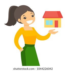 Young caucasian white real estate agent offering the house for sale. Female real estate agent representing house for sale. Vector cartoon illustration isolated on white background. Square layout.