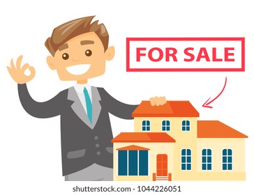 Young caucasian white real estate agent offering the house for sale. Real estate agent showing ok sign during presentation of a house for sale. Vector cartoon illustration isolated on white background