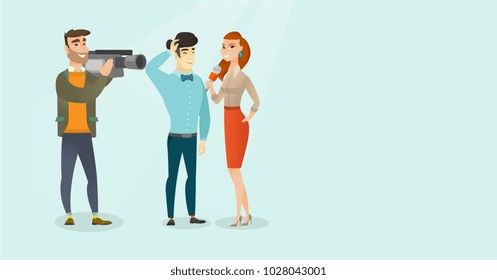 Young caucasian white reporter with a microphone making an interview with an asian businessman. Operator filming an interview with journalist and man. Vector cartoon illustration. Horizontal layout.