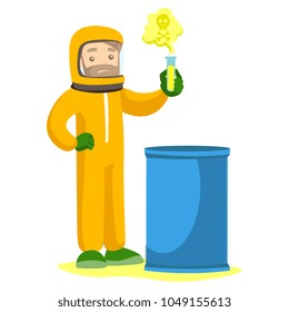 Young caucasian white scientist in radiation protective suit standing next to the barrel and holding a test tube with radioactive liquid. Vector cartoon illustration isolated on white background.