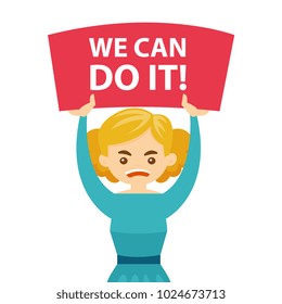 Young caucasian white screaming woman holding placard with text we can do it at a feminist protest action. Concept of feminism. Vector cartoon illustration isolated on white background. Square layout.