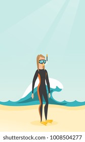Young caucasian white scuba diver in diving suit, flippers, mask and tube standing on the background of wave. Full length of scuba diver on the beach. Vector cartoon illustration. Vertical layout.