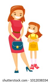 Young caucasian white smiling woman in red dress with her little smiling daughter. Family concept. Vector cartoon illustration isolated on white background.