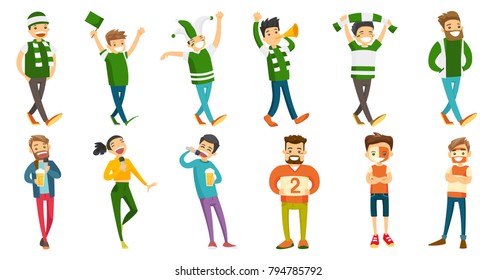 Young caucasian white sport fans set. Group of sport fans cheering for their team, friends drinking beer and singing karaoke together. Set of vector cartoon illustrations isolated on white background.