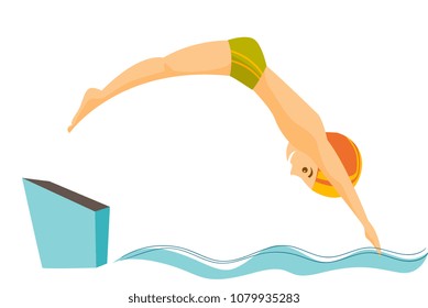 Young caucasian white sportsman jumping in the swimming pool. Professional swimmer diving fish style into the swimming pool. Vector cartoon illustration isolated on white background. Horizontal layout