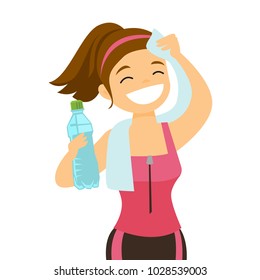 Young caucasian white sporty woman drinking water and wiping sweat with a towel after workout. Healthy lifestyle concept. Vector cartoon illustration isolated on white background. Square layout.