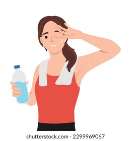 Young caucasian white sporty woman drinking water and wiping sweat with a towel after workout. Healthy lifestyle concept. Flat vector illustration isolated on white background