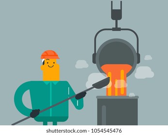 Young caucasian white white steelworker in hard hat at work near the furnace. Steelworker controlling iron smelting in the foundry in steel making plant. Vector cartoon illustration.