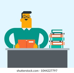 Young caucasian white student sitting at the table and holding a book in hands. Happy male student reading a book in the library and preparing for exam. Vector cartoon illustration. Square layout.