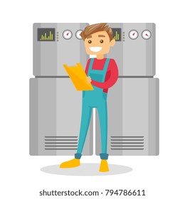 Young caucasian white technician taking some notes in his clipboard. Plumber inspecting heating system in boiler room. Vector cartoon illustration isolated on white background.