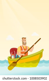 Young caucasian white traveler man riding a kayak on the river. Cheerful traveler man traveling by kayak. Concept of travel and tourism. Vector cartoon illustration. Vertical layout.