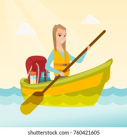 Young caucasian white traveler woman riding a kayak on the river. Cheerful traveler woman traveling by kayak. Concept of travel and tourism. Vector cartoon illustration. Square layout.