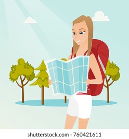 Young caucasian white traveler woman with a backpack looking at map. Full length of smiling traveler woman searching right direction on a map. Vector cartoon illustration. Square layout.