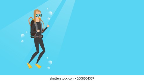 Young caucasian white woman in diving suit swimming underwater with scuba and showing thumb up. Scuba diver giving thumb up. Woman enjoying the dive. Vector cartoon illustration. Horizontal layout.