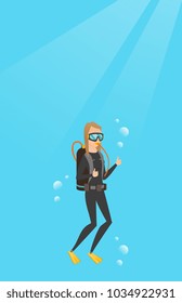 Young caucasian white woman in diving suit swimming underwater with scuba and showing thumb up. Scuba diver giving thumb up. Woman enjoying the dive. Vector cartoon illustration. Vertical layout.